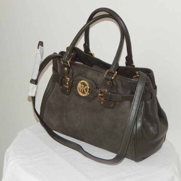 MICHAEL KORS HUDSON Leather Suede Large Tote Satchel Shoulder BAG Dark Olive NWT - Picture 4 of 14